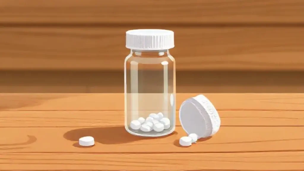 Frasco de píldoras vacío sobre madera