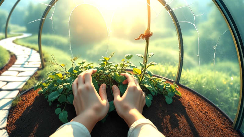 Jardín frágil florece en calma introspectiva