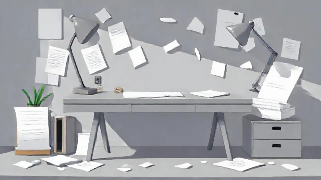 Escritorio gris, papeles dispersos