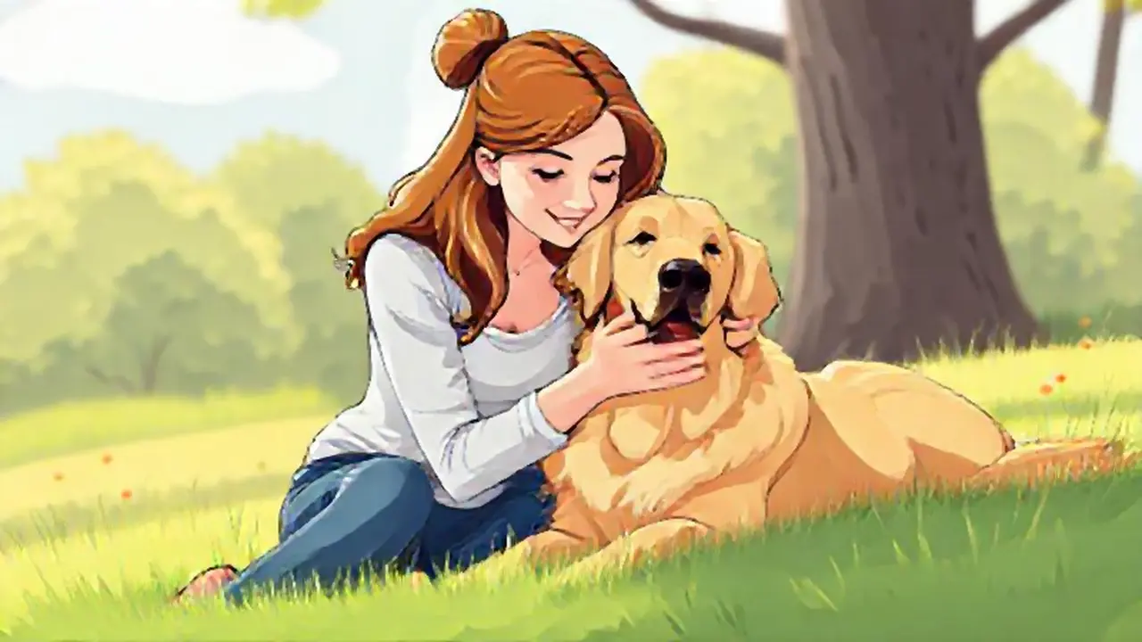 Mujer acaricia a un perro dorado