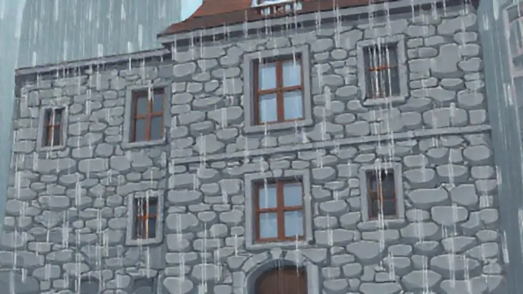 Edificio gris bajo la lluvia