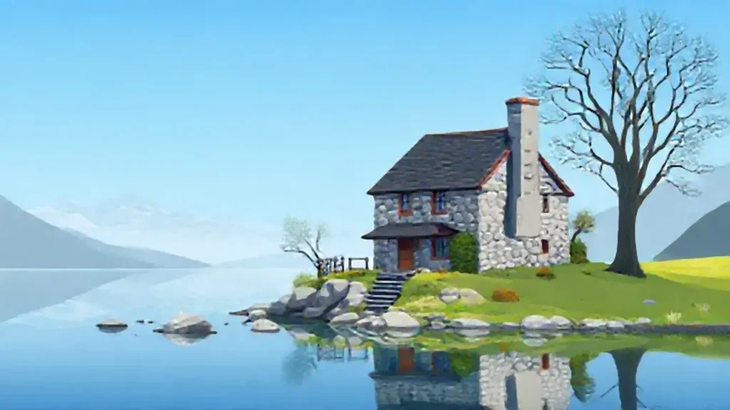 Casa de piedra gris junto al lago tranquilo