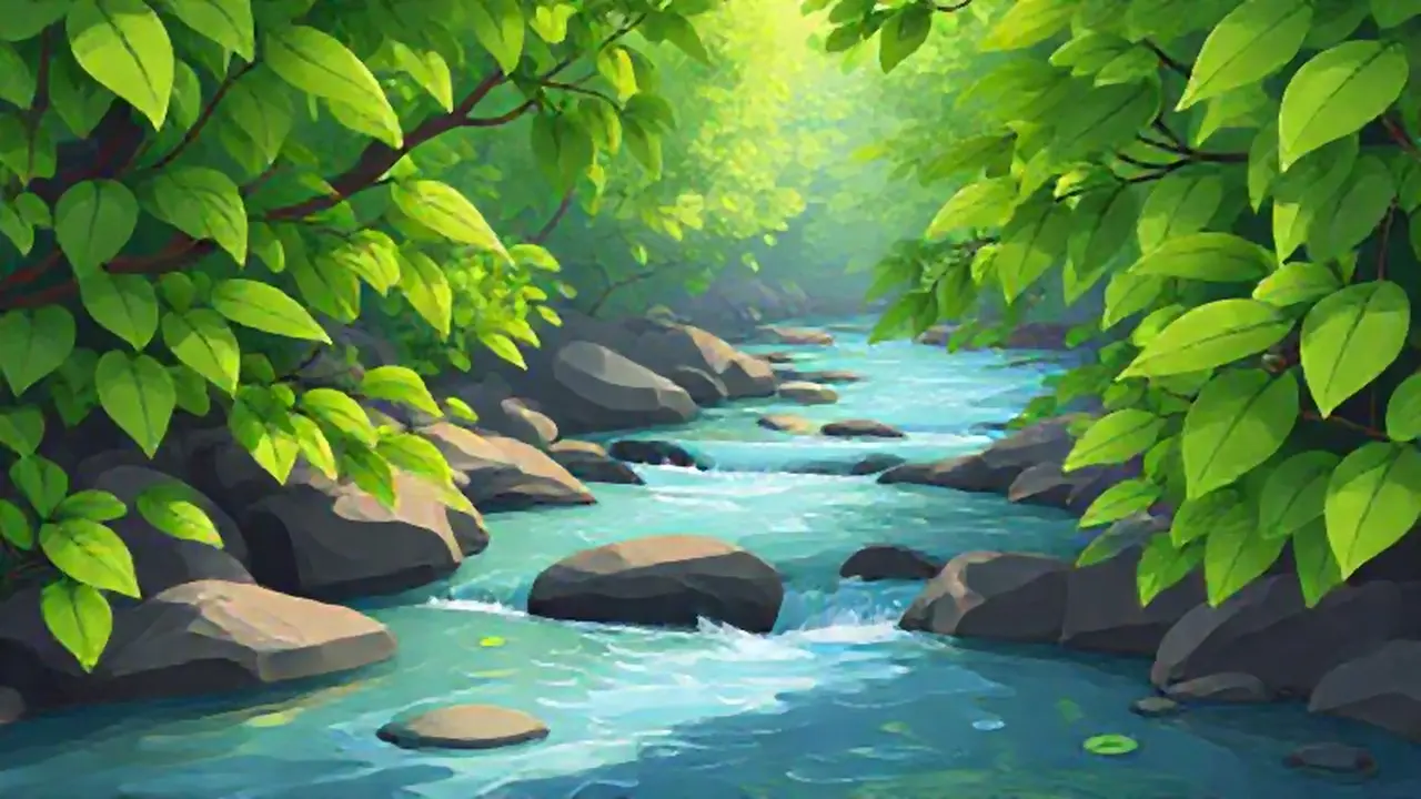 Hojas verdes, río en movimiento