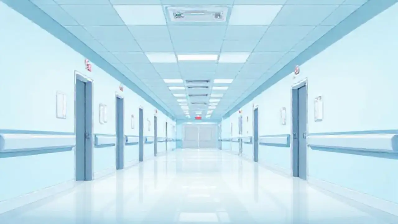 Pasillo hospitalario vacío, paredes azul pálido