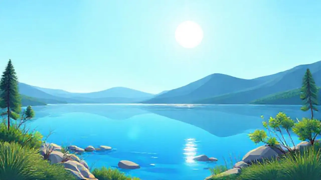 Lago azul, sol brillante