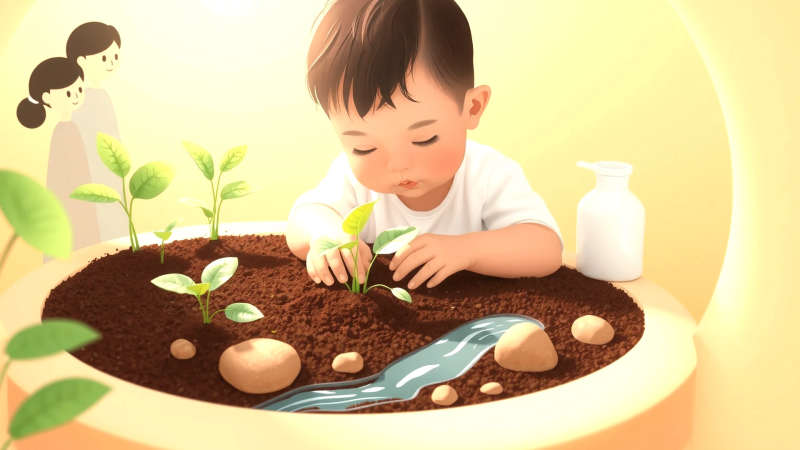 Un niño cuida un jardín protegido y esperanzador