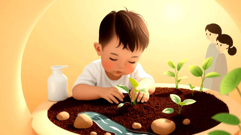 Un niño cuida un jardín protegido y esperanzador