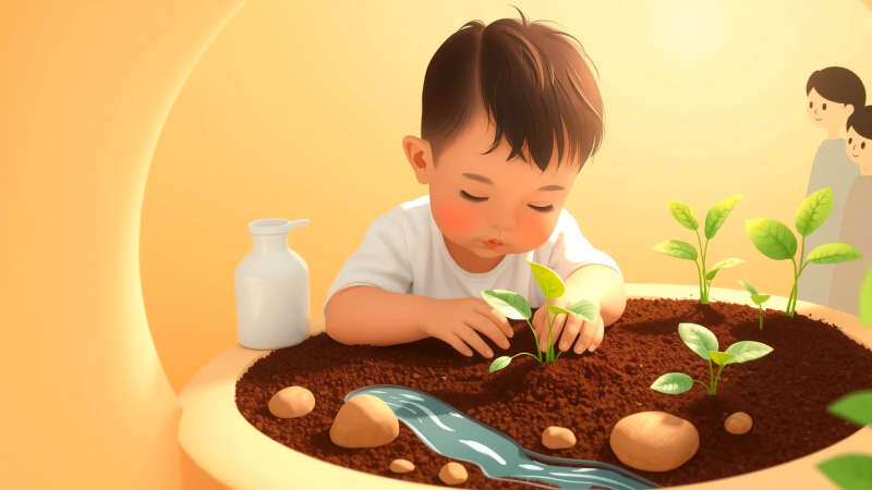 Un niño cuida un jardín protegido y esperanzador
