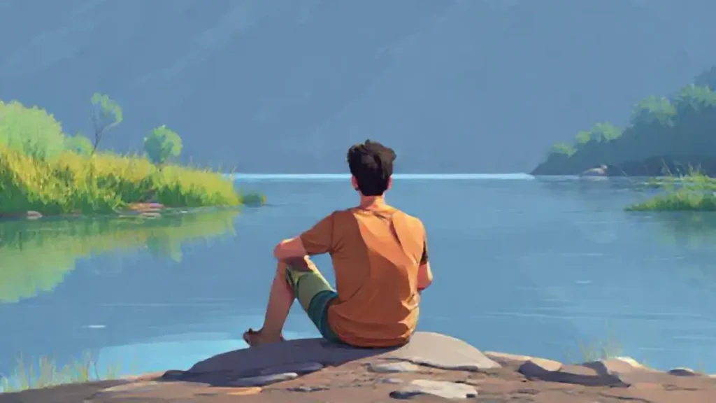 Hombre junto al río tranquilo