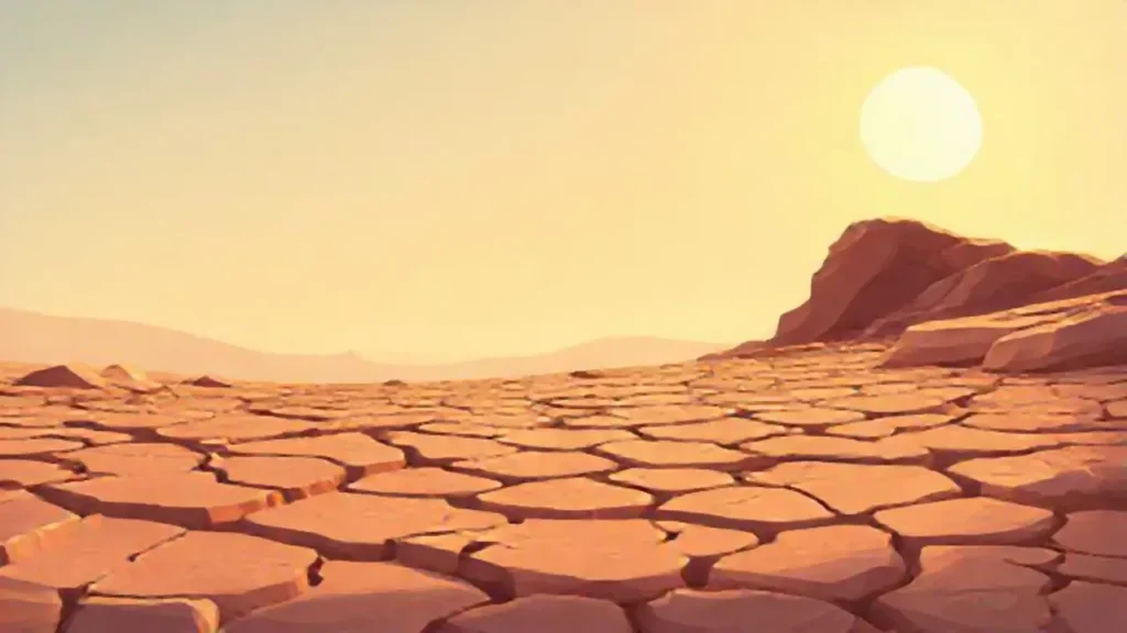 Tierra reseca y agrietada bajo un sol pálido