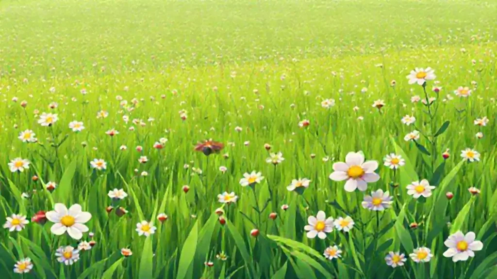 Campo verde con flores florecientes