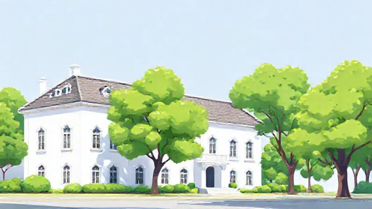 Edificio blanco, árboles verdes