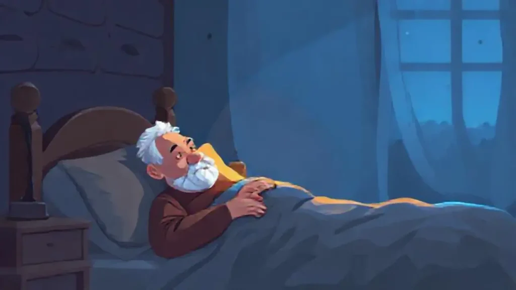 El anciano dormía en la cama caliente