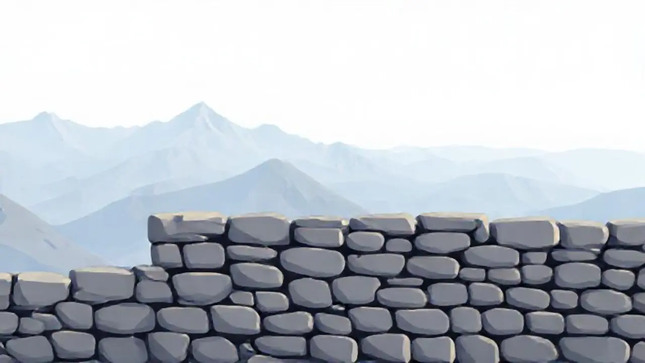 Muro de piedra gris, montañas lejanas