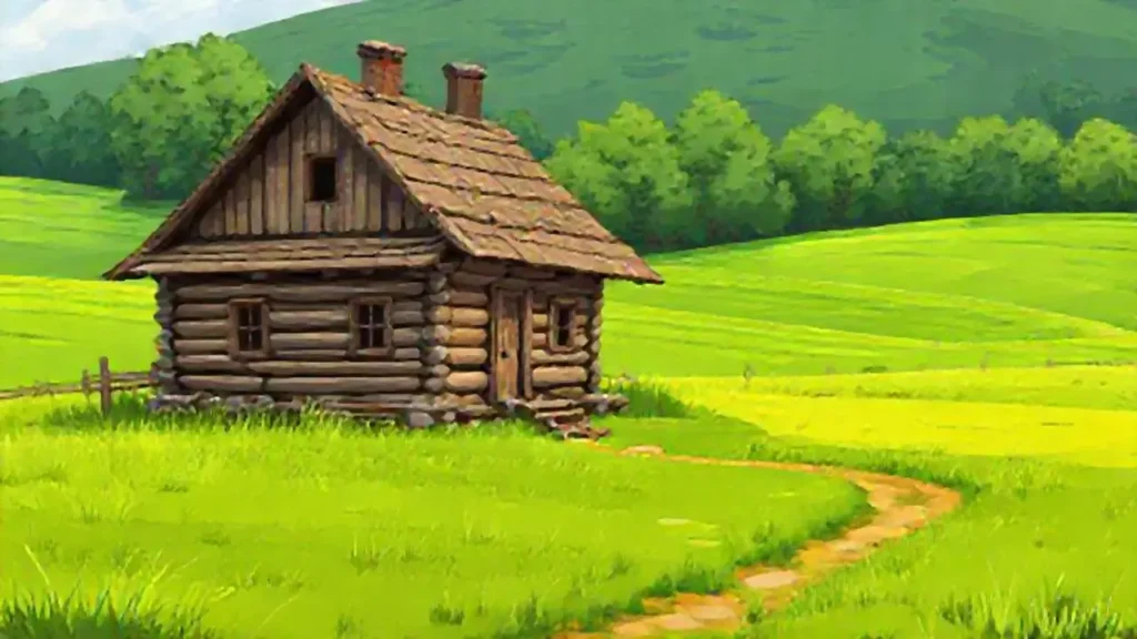 Casa de madera vieja junto a un campo verde
