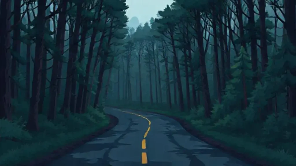 Camino oscuro serpentea por el bosque