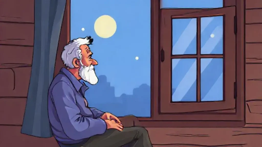 El anciano está sentado junto a la ventana