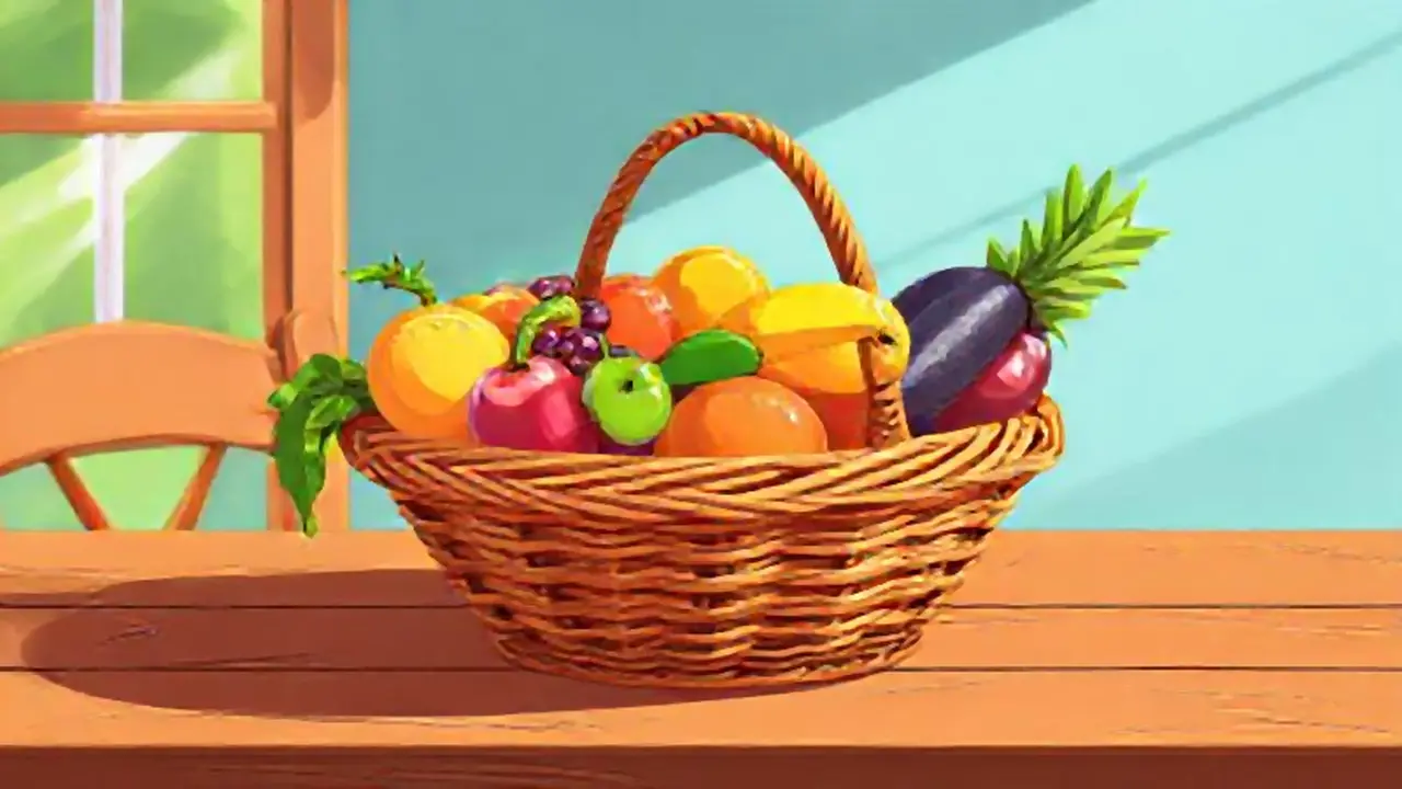 Cesta de frutas colorida sobre mesa de madera