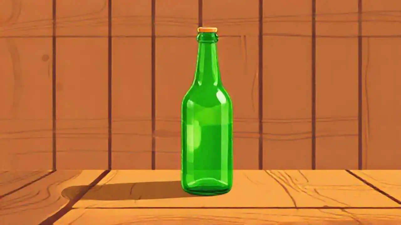 Una botella verde sobre una mesa de madera