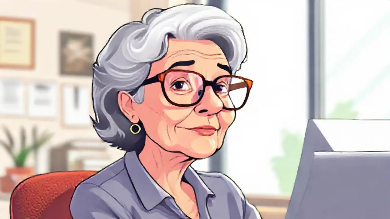 Mujer mayor con gafas en una oficina luminosa