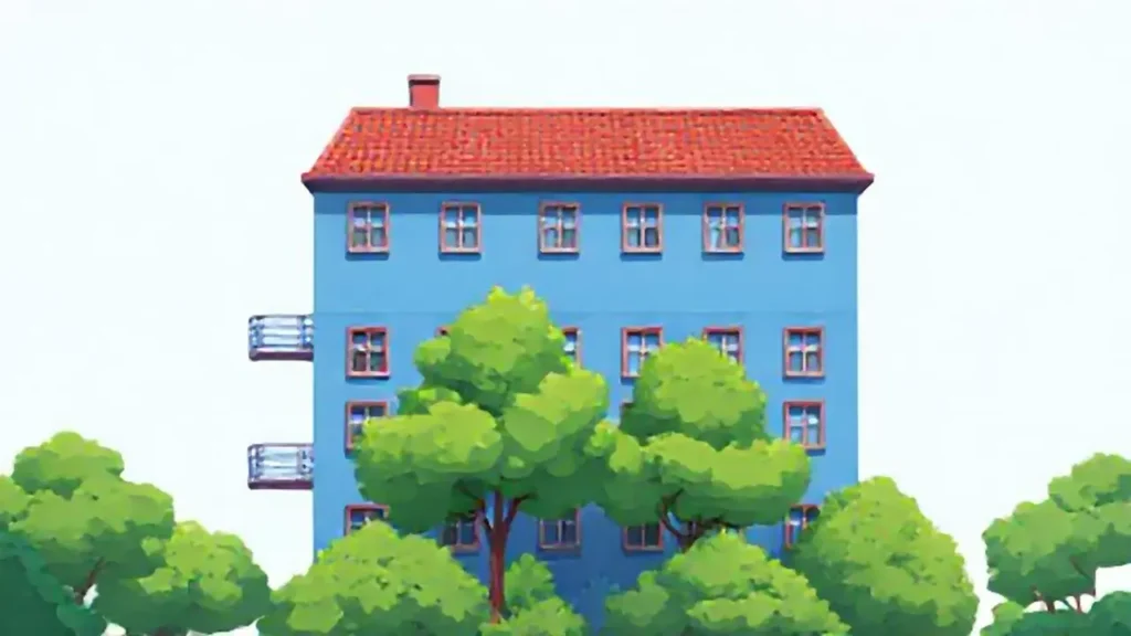 Edificio azul con árboles verdes