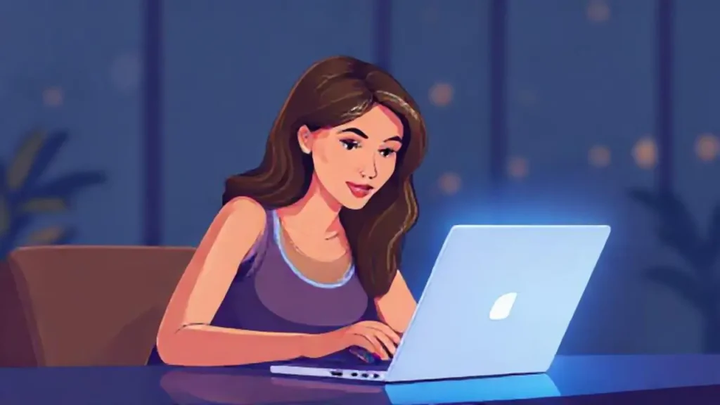 Mujer frente a la pantalla brillante