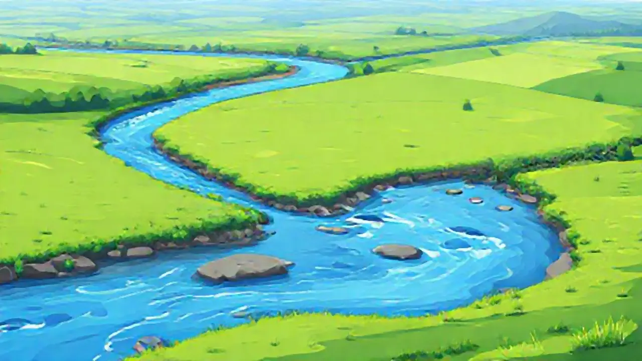 Río azul en campos verdes