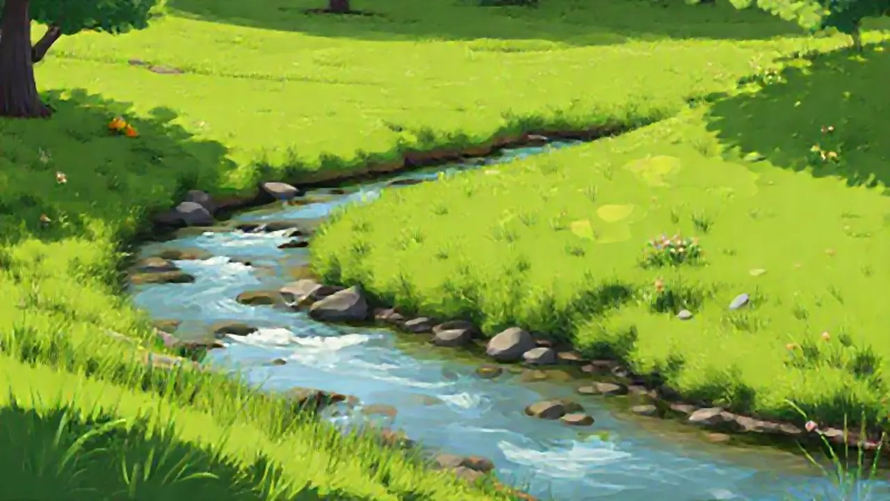 Pradera verde junto al río