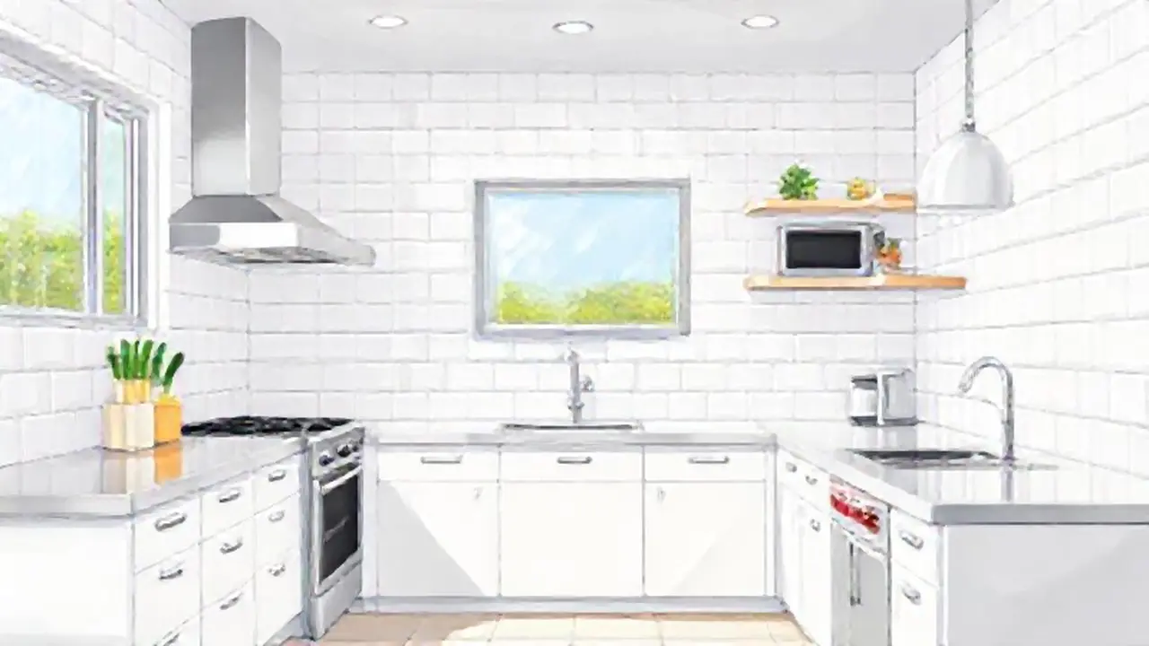 Cocina blanca con encimera de acero inoxidable