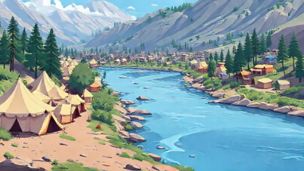 Ciudad de tiendas junto al río azul