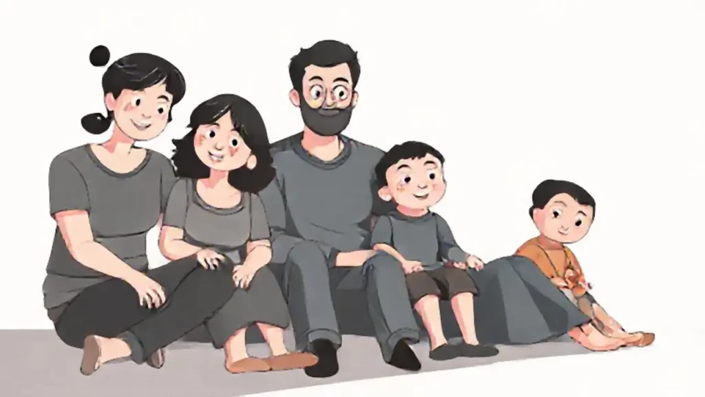 La familia gris se sienta junta