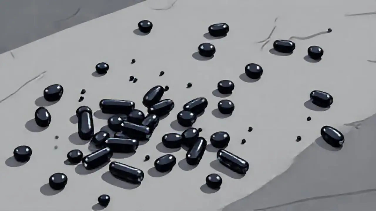 Píldoras oscuras sobre una mesa gris