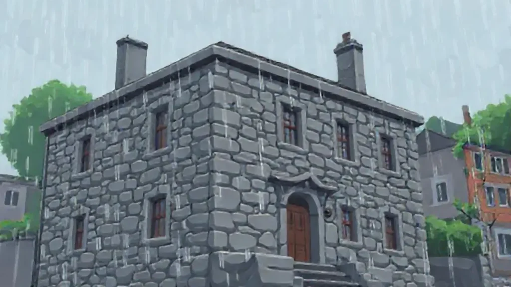Edificio gris bajo la lluvia
