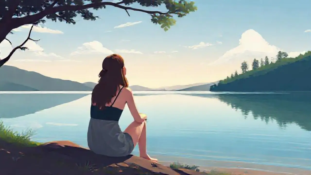 Mujer junto al lago tranquilo