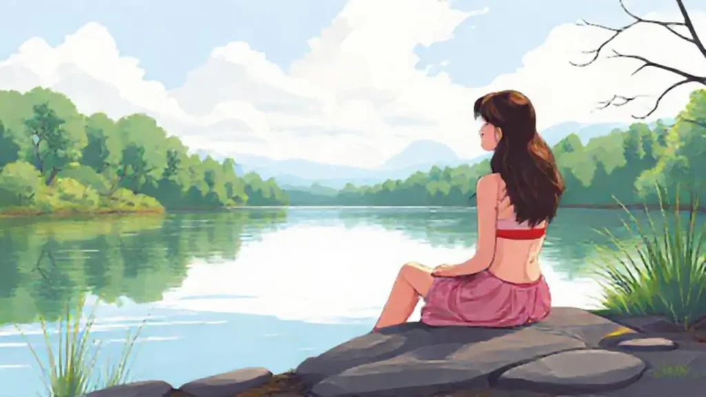 Mujer junto al río tranquilo