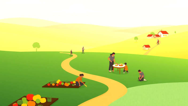 Comunidad próspera cultivando armonía y abundancia