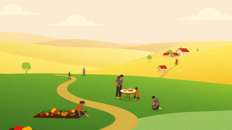 Comunidad próspera cultivando armonía y abundancia