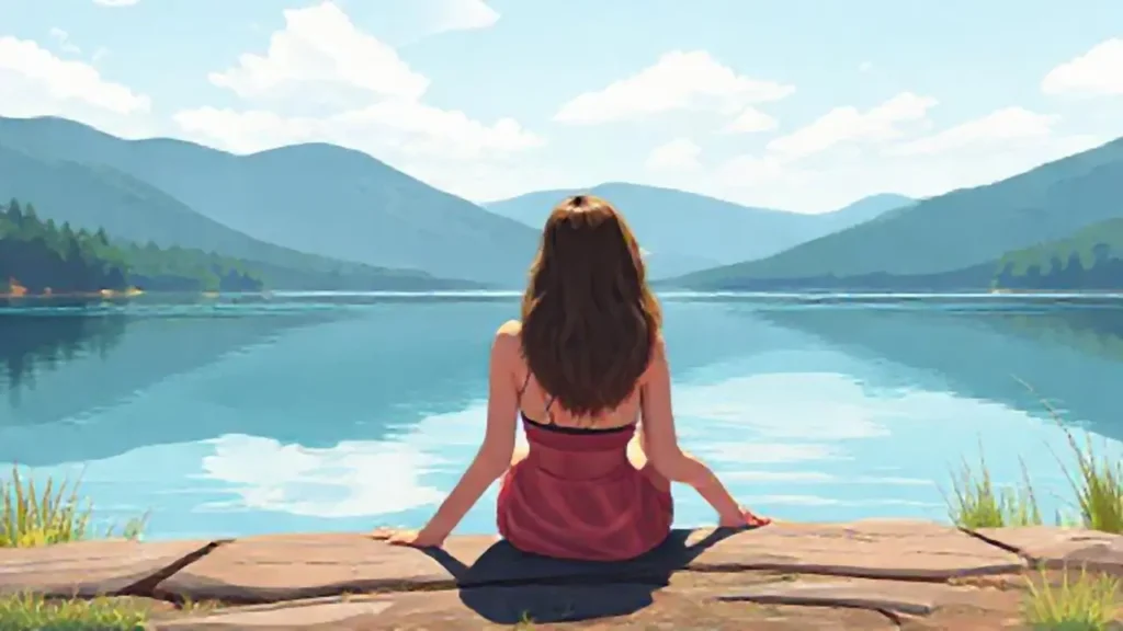 Mujer junto al lago tranquilo
