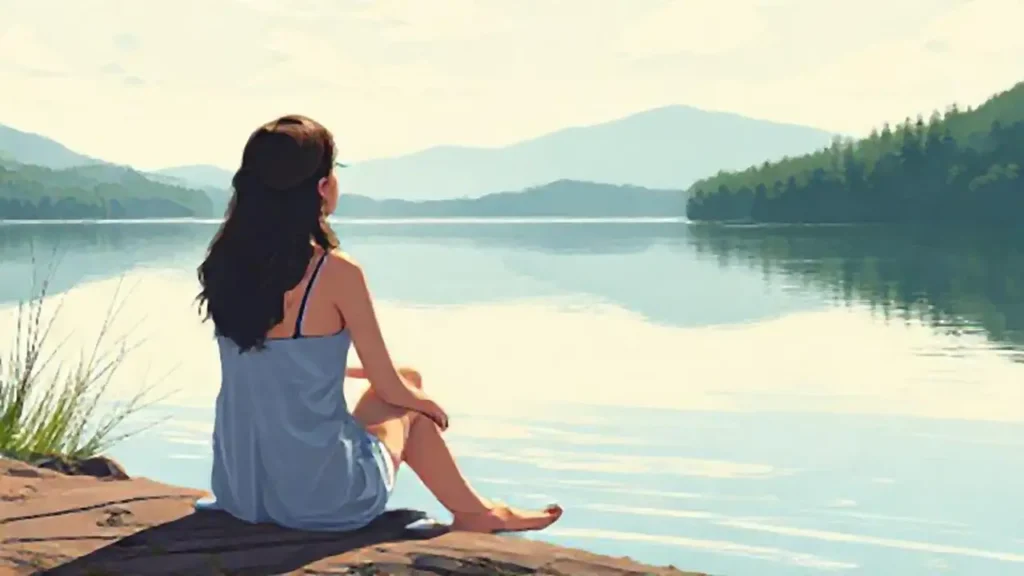 Mujer junto a un lago tranquilo