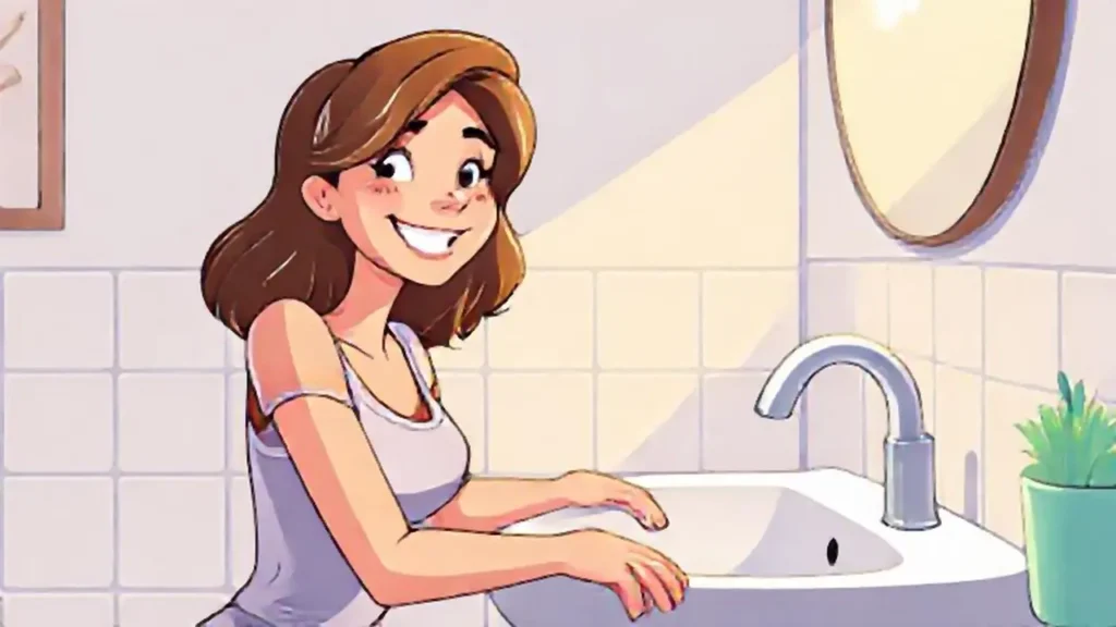 Mujer sonriente cerca de un lavabo brillante