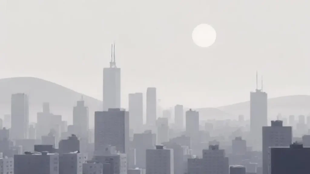 Ciudad gris bajo cielo brumoso