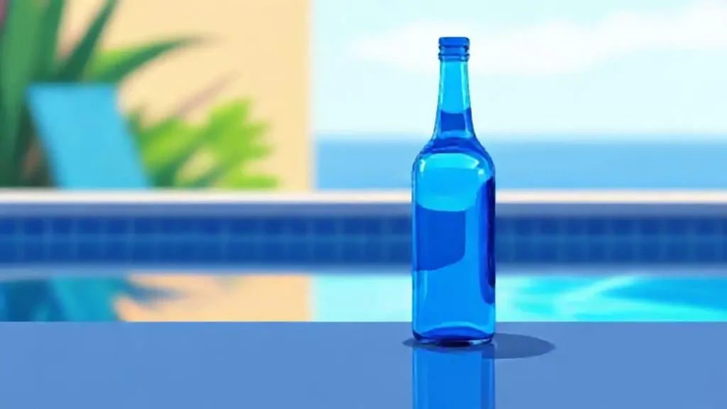 Botella azul junto a la piscina