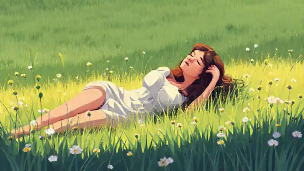 Mujer descansa en el prado