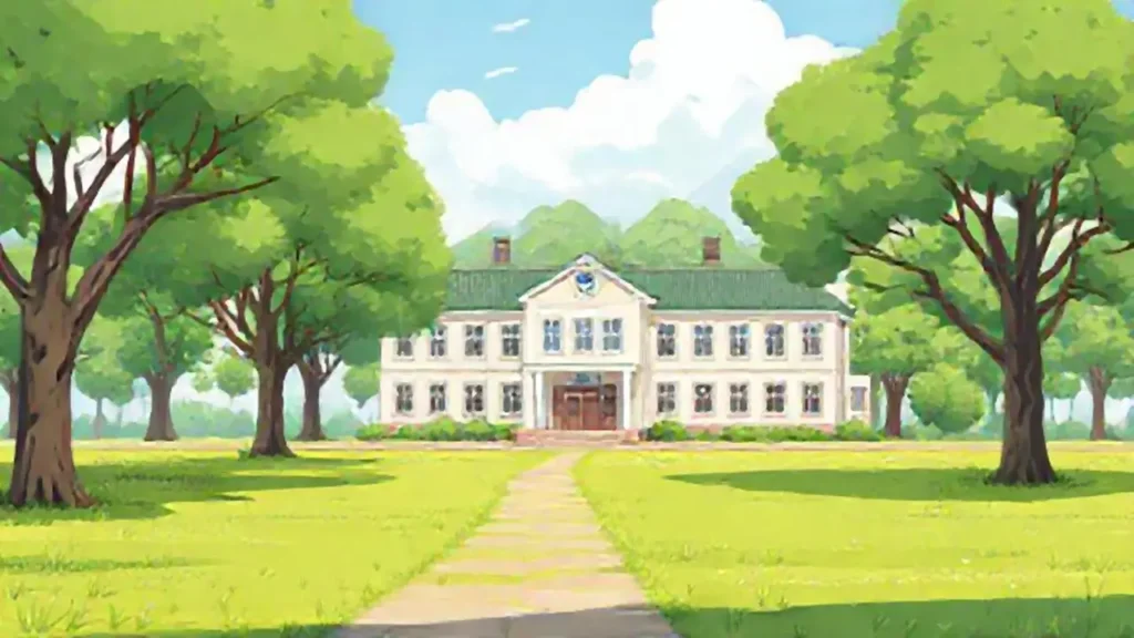 Campo verde con una escuela