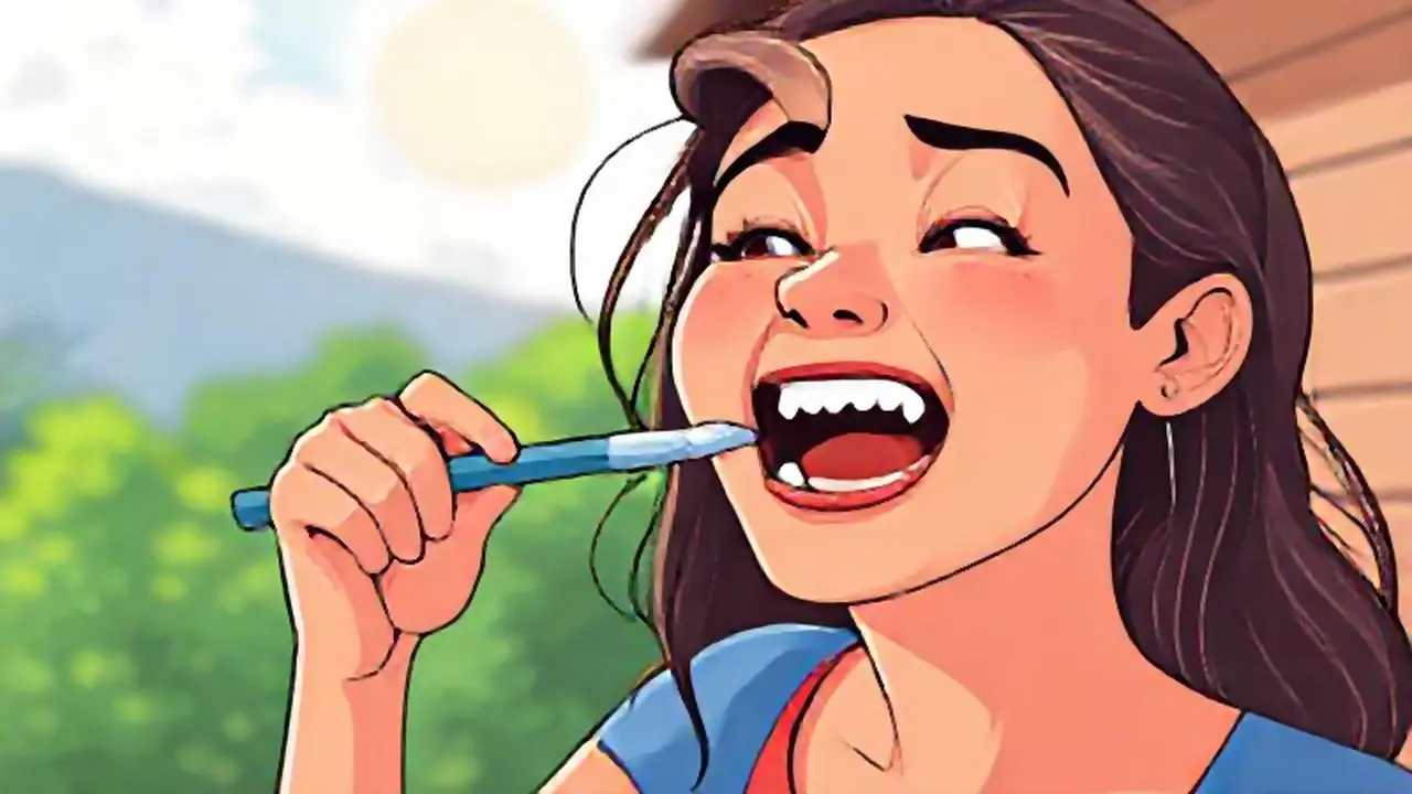 Mujer cepillándose los dientes al aire libre