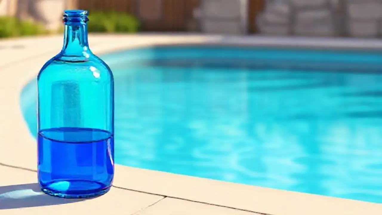 Frasco azul junto a la piscina