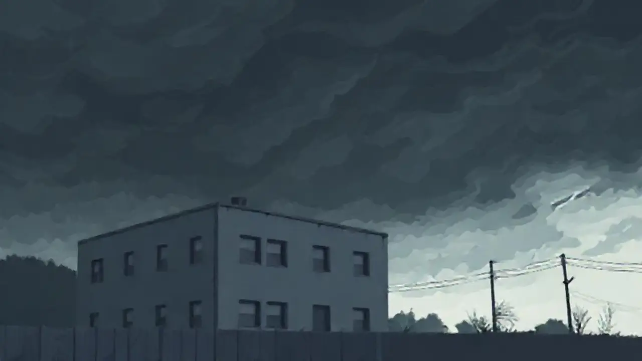 Edificio gris bajo cielo tormentoso