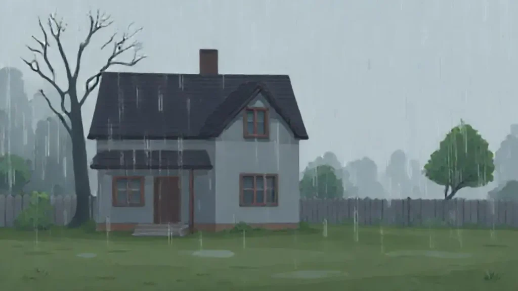 Casa gris vacía bajo la lluvia