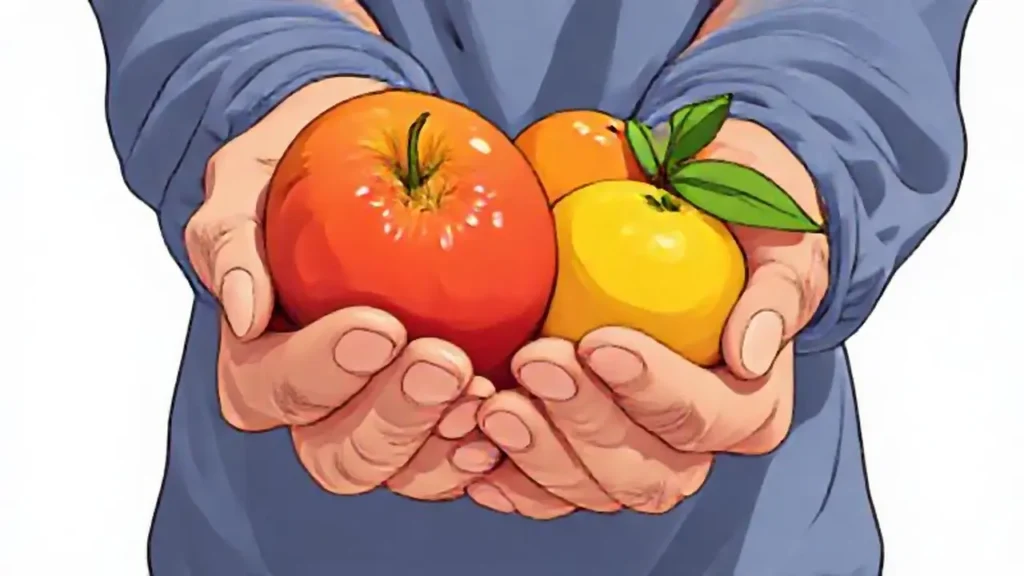 Manos arrugadas con fruta fresca