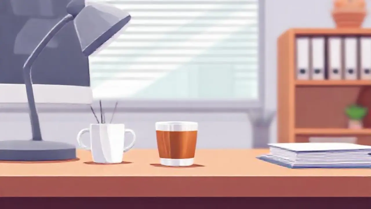 Escritorio vacío, taza de café sin usar